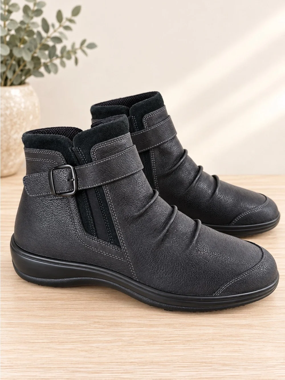 SoftWalk Women’s Black Leather Ankle Boots Size 11 M Buckle Strap Comfort Zip Bo